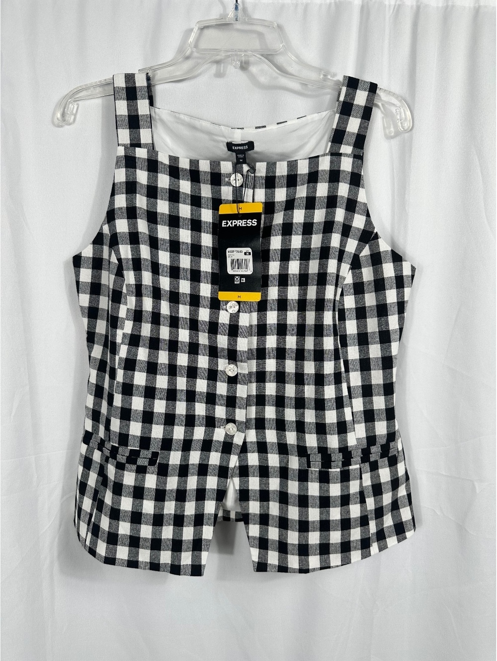 Express Women's Black and White Checkered Linen Blend Button-Up Top Size Medium